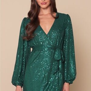 Lulu's Glittering Green Sequin Wrap Dress